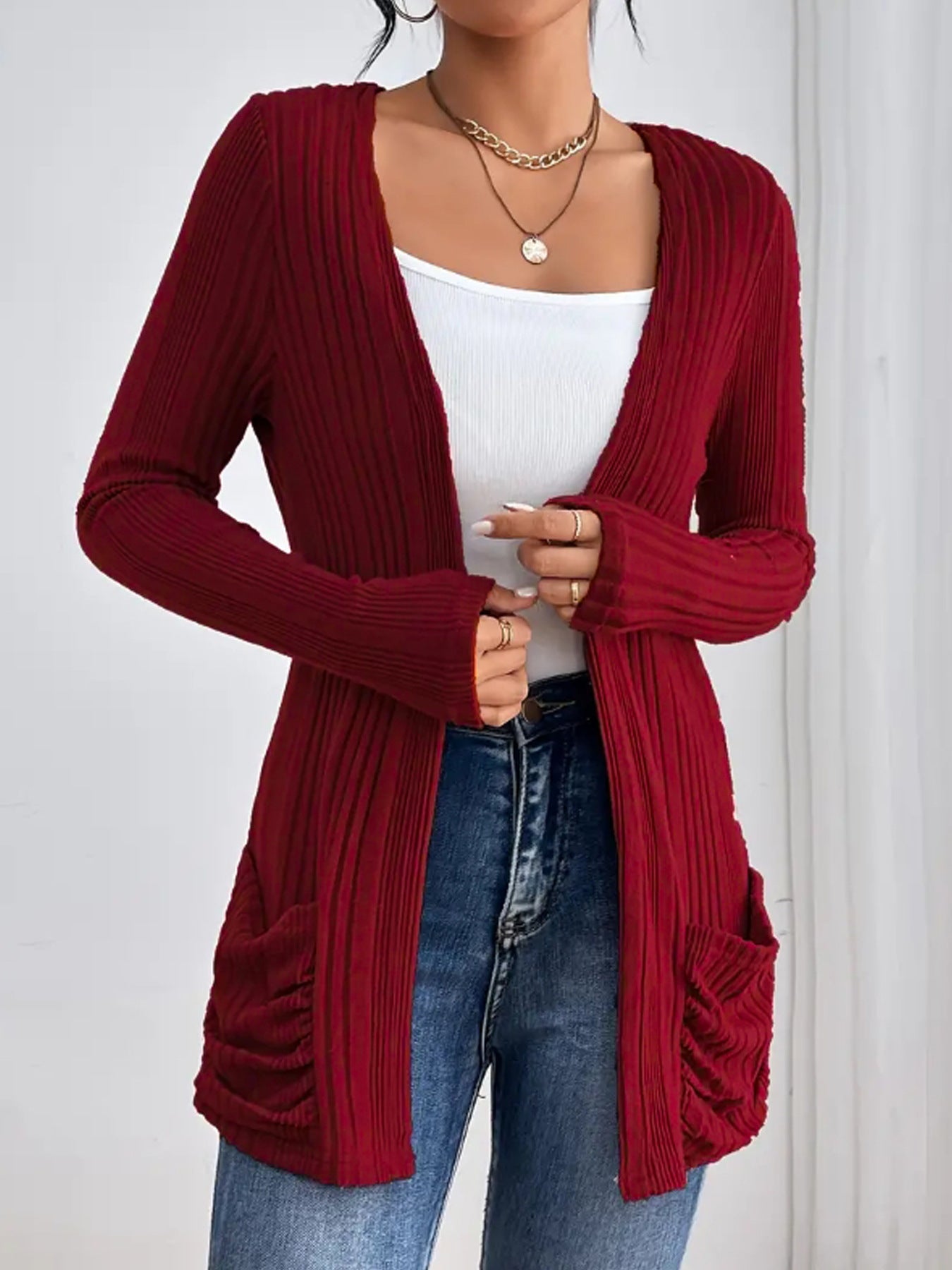 Damen lässiger Rippen-Strickcardigan mit aufgesetzten Taschen Sovae