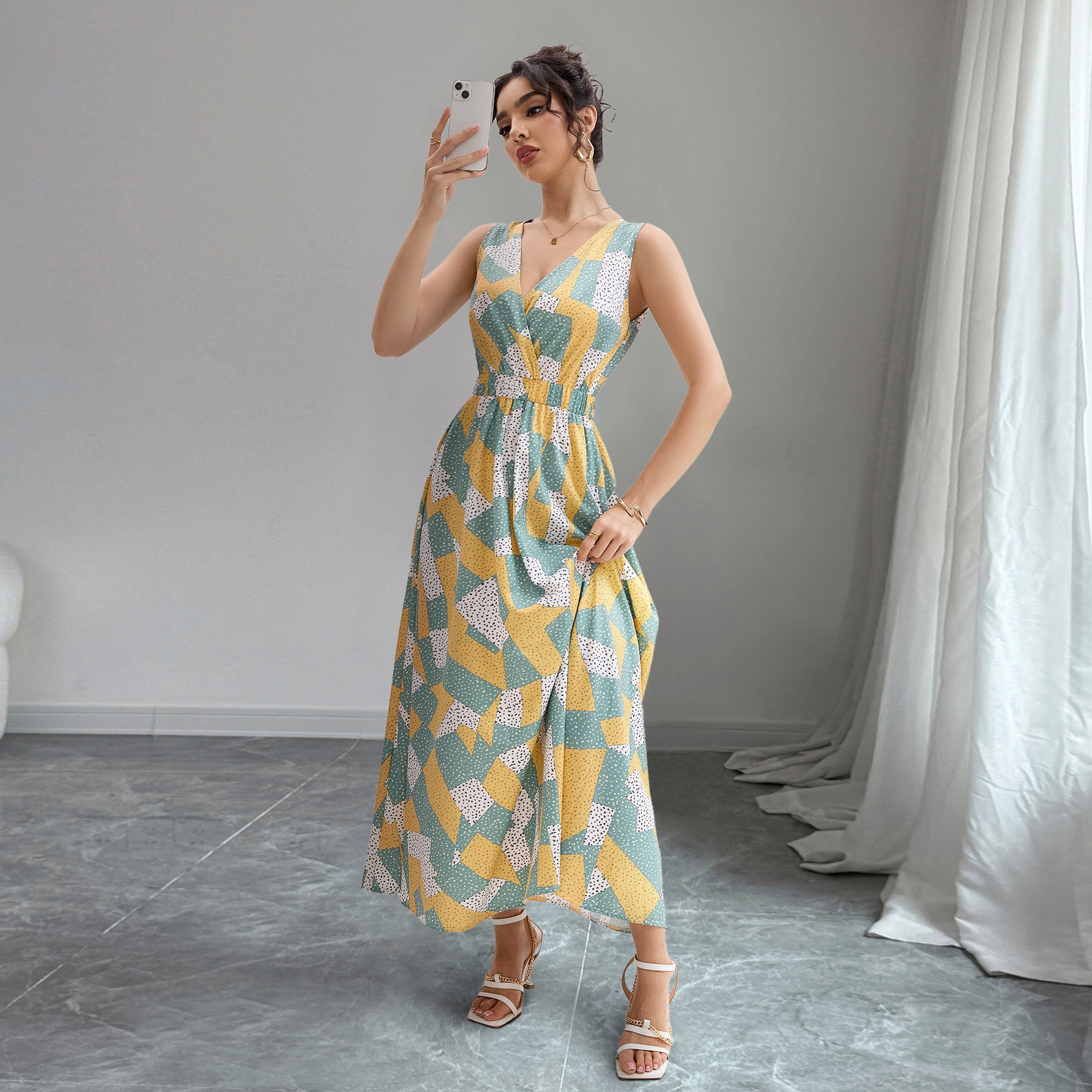 Damen Maxikleid mit modischem geometrischen Muster Sovae