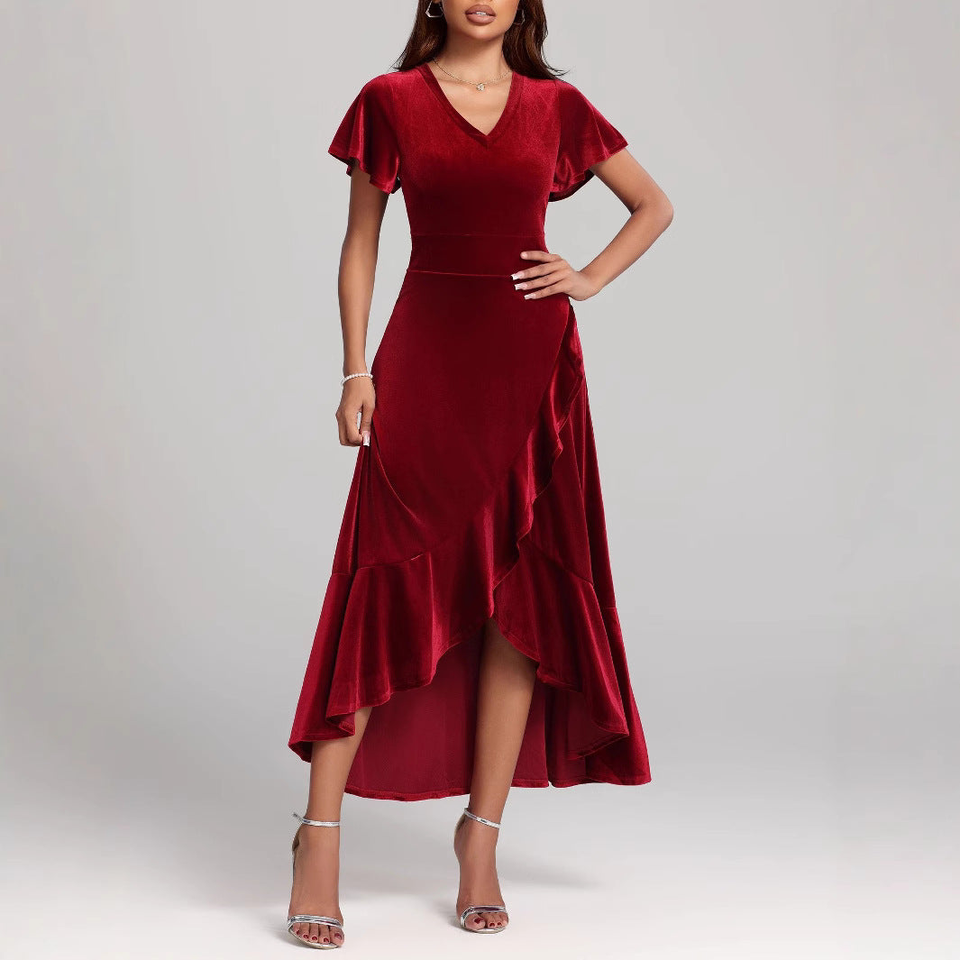 Damen elegantes Maxikleid mit Rüschenärmel und asymmetrischem Saum Sovae