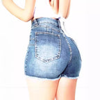 Damen High-Waist Denim-Shorts mit fransigem Saum Sovae