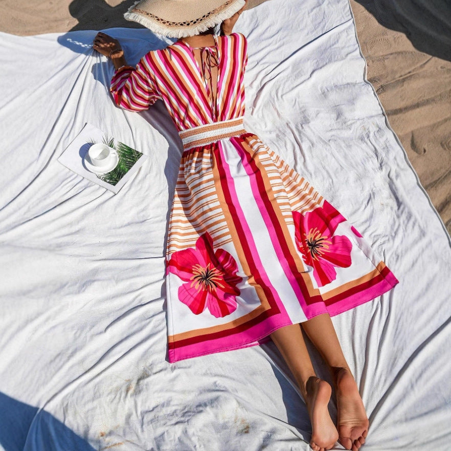 Damen Elegantes Maxikleid mit floralem Design und Streifen Sovae