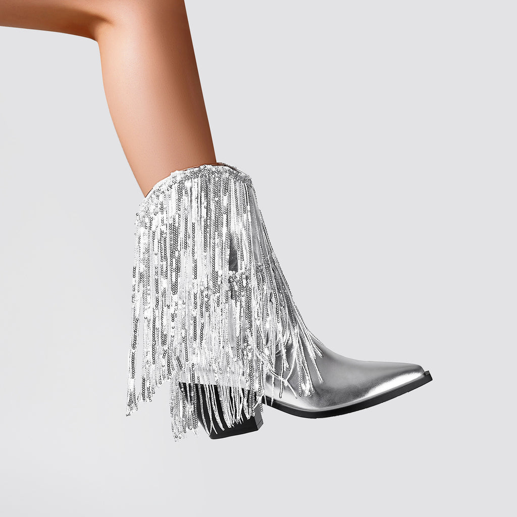 Damen Glitzernde Cowboy-Stiefel mit fransigen Applikationen Sovae