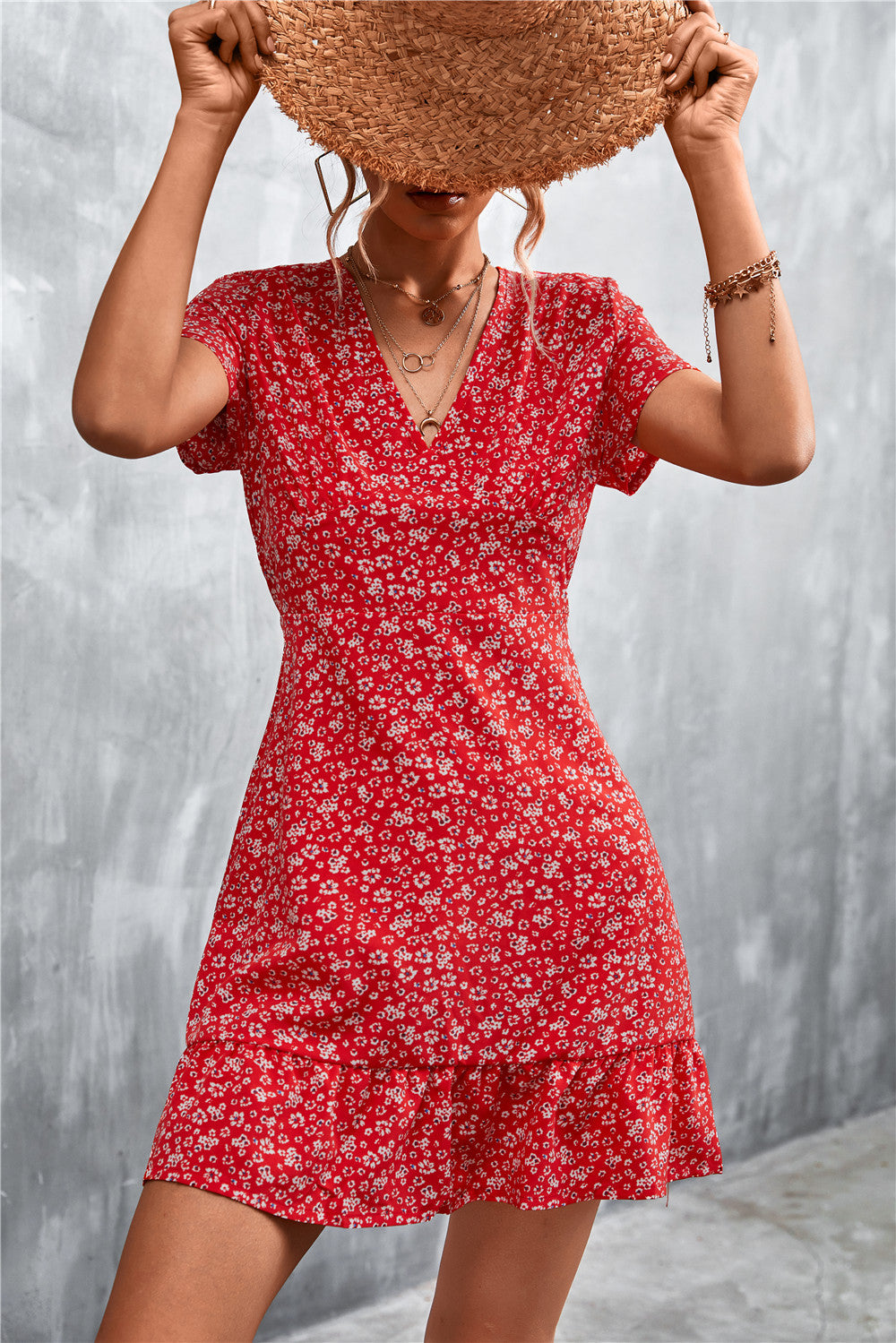 Damen Sommerliches Minikleid mit floralem Design und verspieltem Saum Sovae