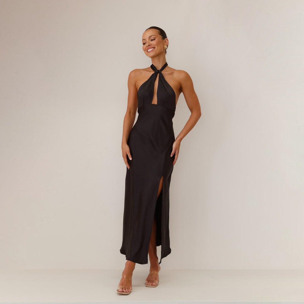 Damen elegantes Maxikleid mit tiefem V-Ausschnitt und schwingendem Saum Sovae