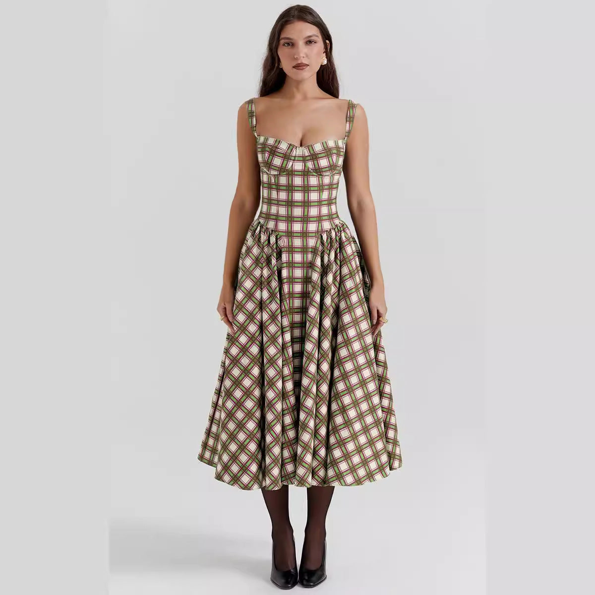 Damen Midikleid mit gerafftem Rock und modernem Karomuster Sovae