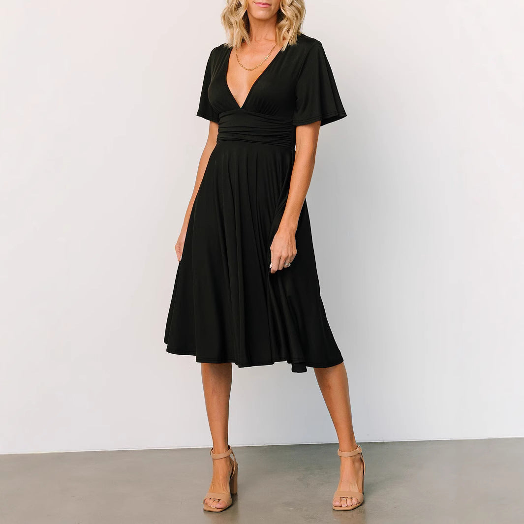 Damen Midikleid mit tiefem V-Ausschnitt und fließendem Schnitt Sovae