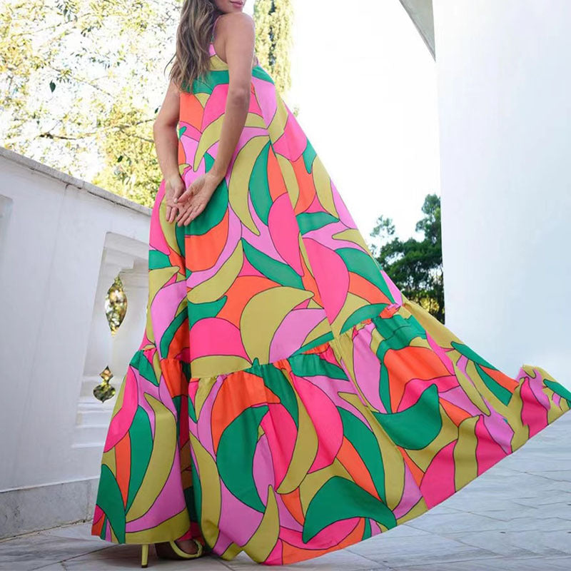 Damen Luftiges Maxikleid mit farbenfrohem Blattmuster und voluminösem Saum Sovae