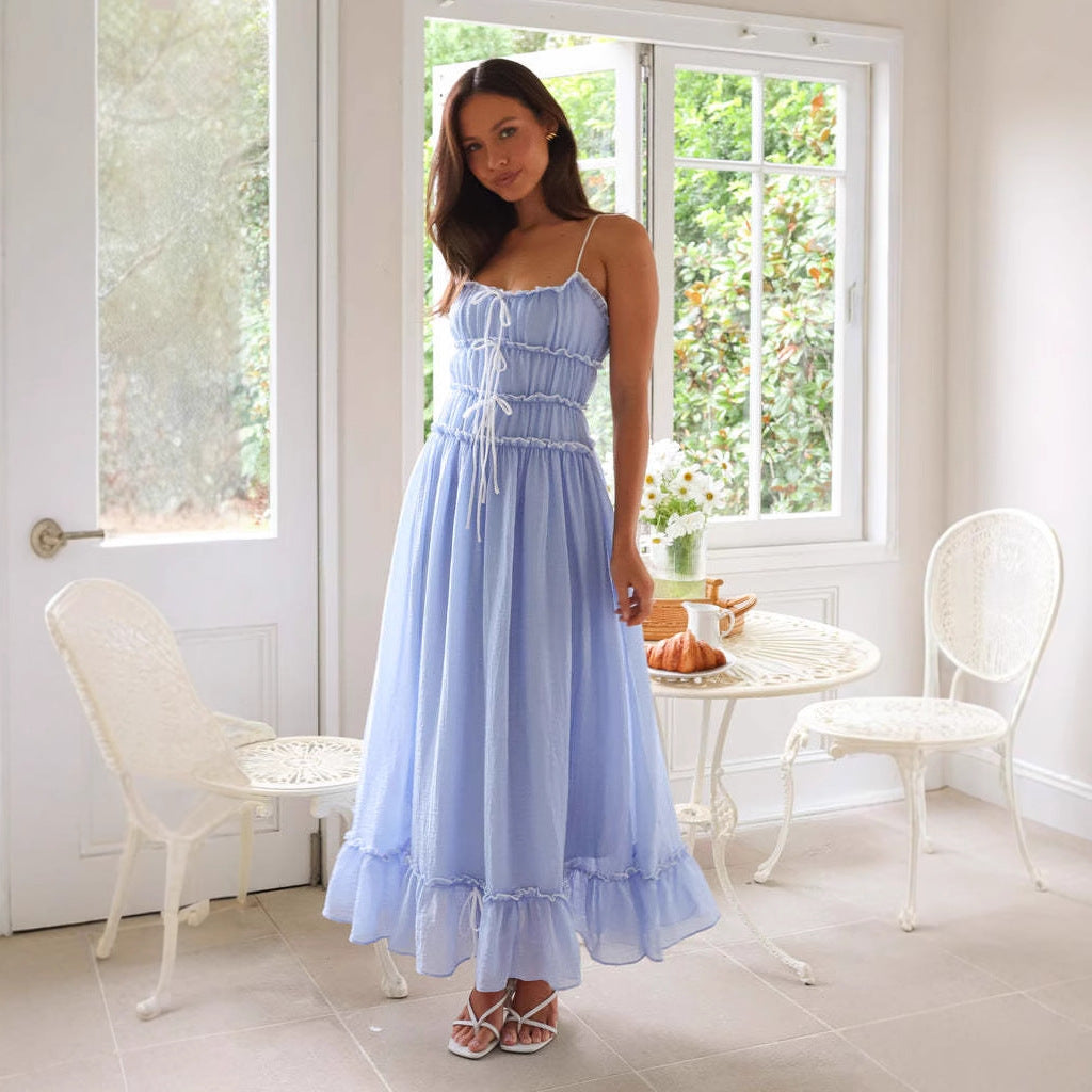 Damen luftiges Maxikleid mit verstellbaren Spaghettiträgern und Rüschendetails Sovae