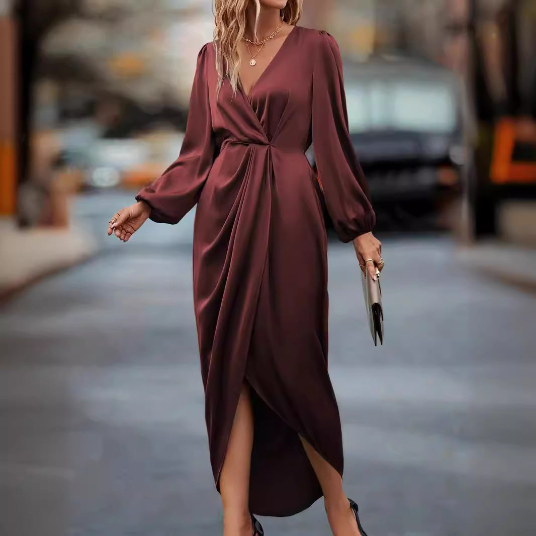 Damen Maxikleid mit raffiniertem Wickeldesign und voluminösen Ärmeln Sovae