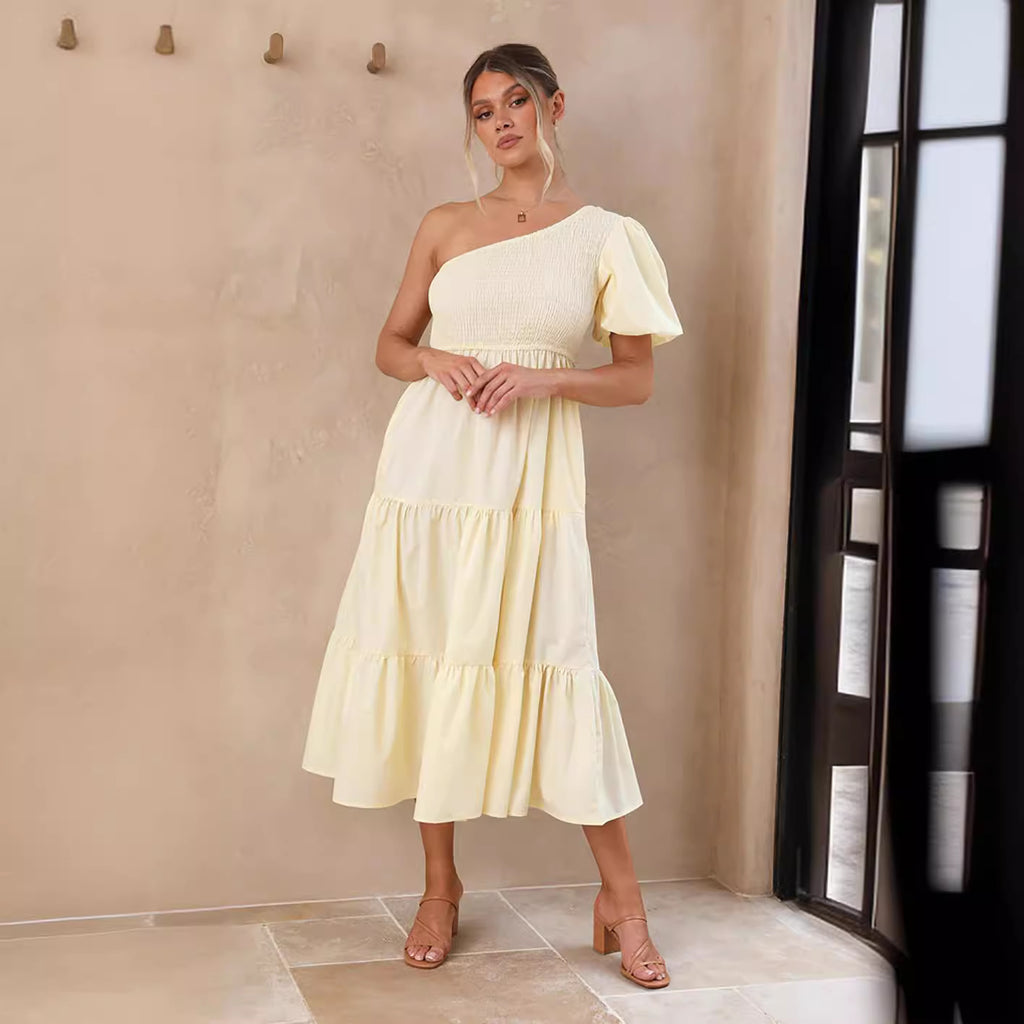 Damen Midi-Strandkleid mit asymmetrischem Schnitt und Rüschendetails Sovae
