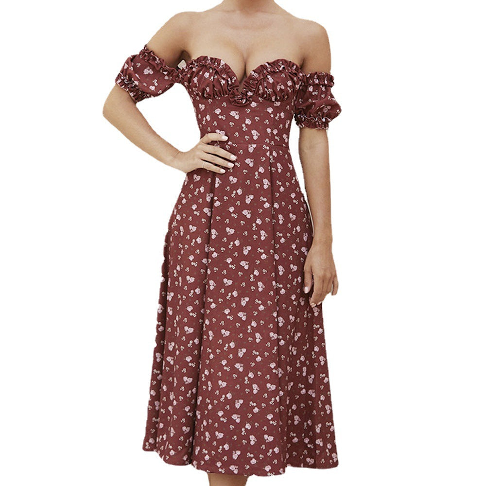 Damen romantisches Midikleid mit Rüschendetails und floralen Druck Sovae