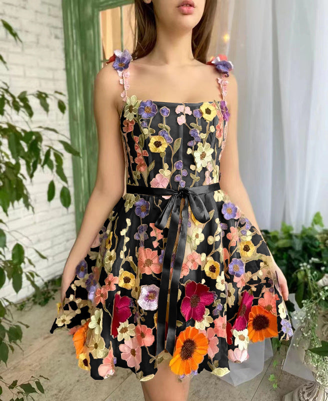 Damen Blumengesticktes Kurzkleid Sovae