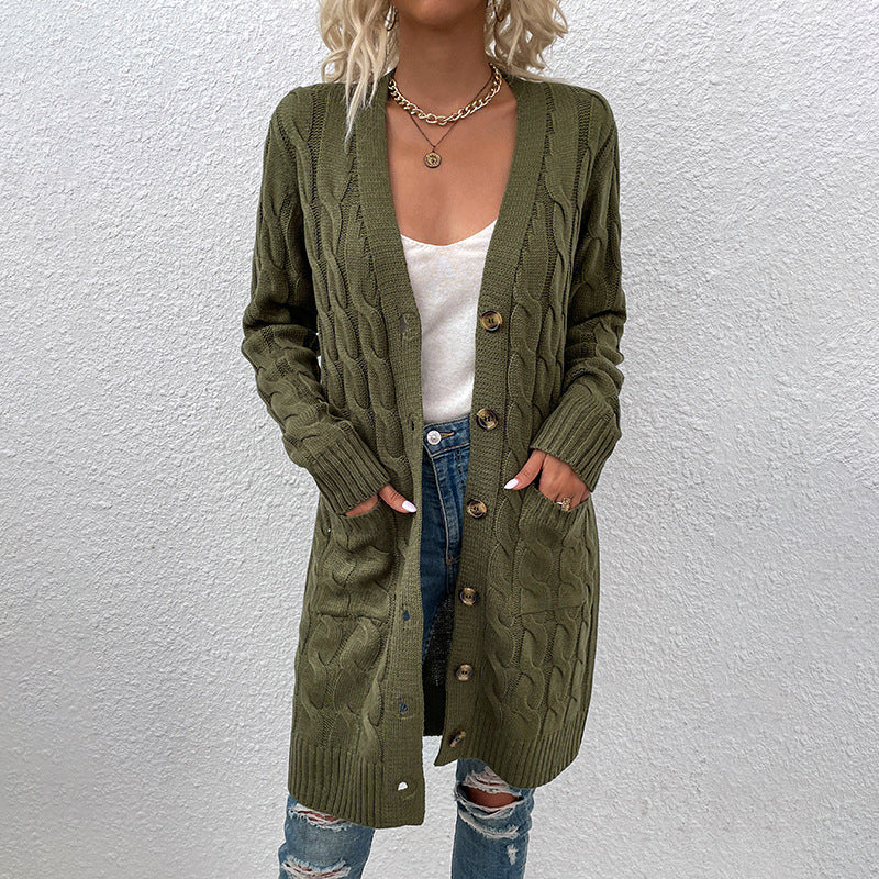 Damen Strickjacke mit tiefem V-Ausschnitt und elegantem Zopfmuster Sovae