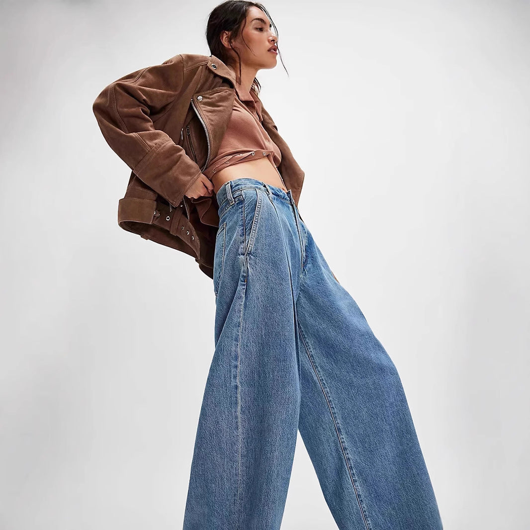 Damen Weite High-Waist Jeans mit Falten Sovae