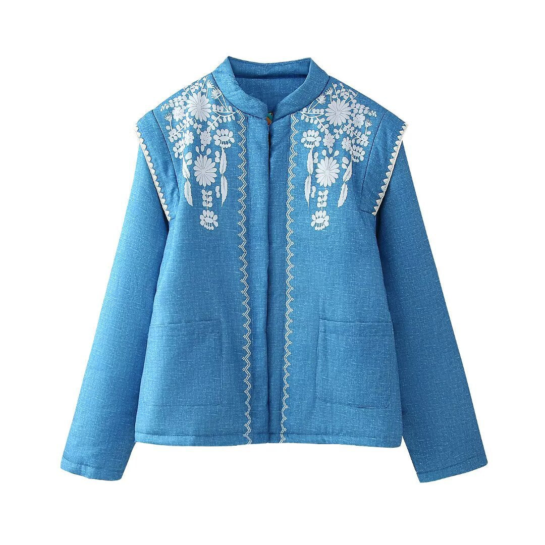 Damen bestickte Blousonjacke mit leichtem Baumwollmaterial und praktischen Taschen Sovae