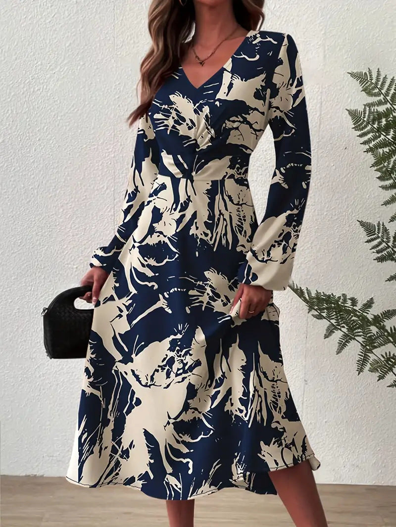 Damen Midi-Kleid mit floralen Details und schickem V-Ausschnitt Sovae