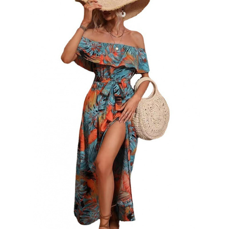 Damen Maxikleid mit Off-Shoulder-Ausschnitt und tiefem Schlitz Sovae