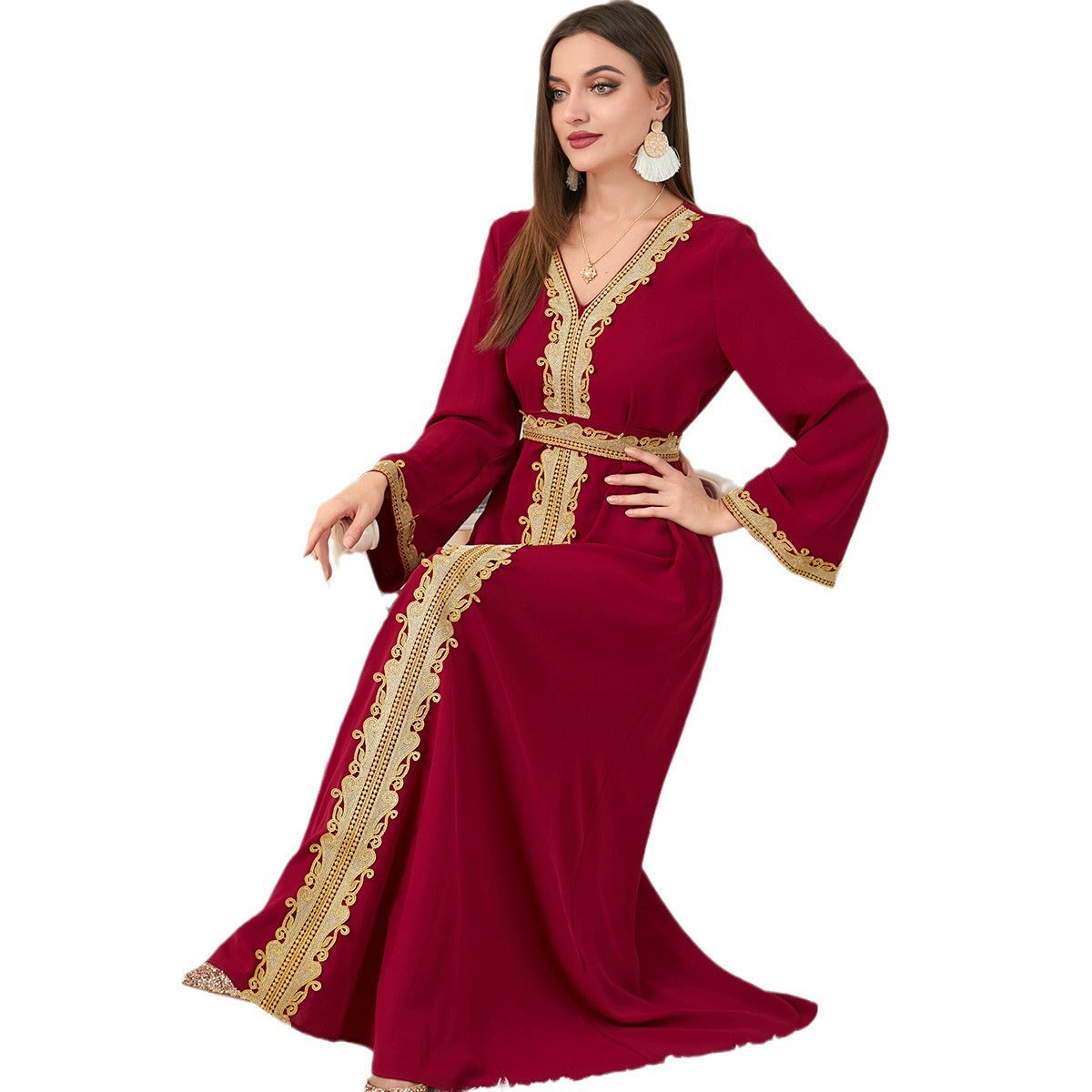 Damen Elegantes Maxikleid mit kunstvoller Goldstickerei Sovae