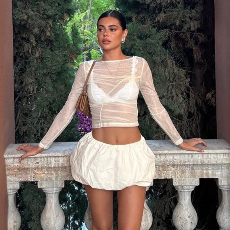 Damen elegantes Oberteil mit transparentem Design und drapiertem Stoff Sovae