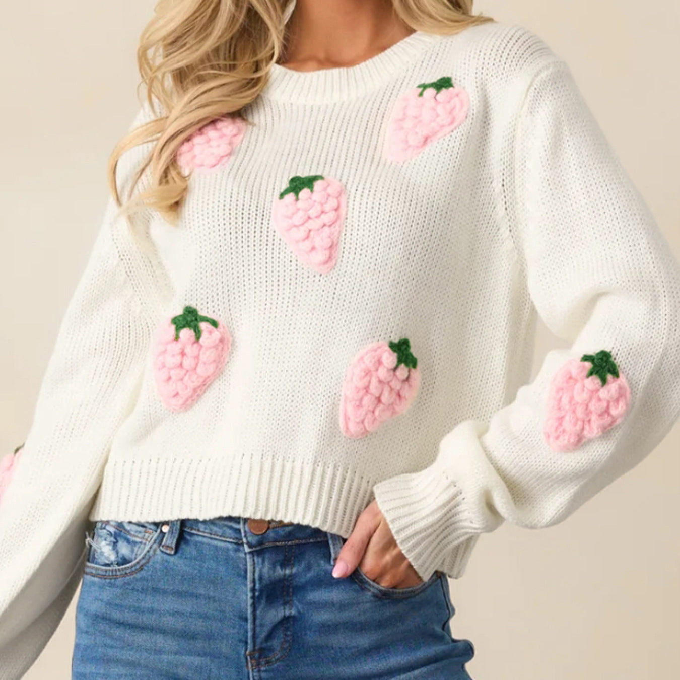 Damen Strickpullover mit Erdbeer-Applikationen und lässigem Schnitt Sovae