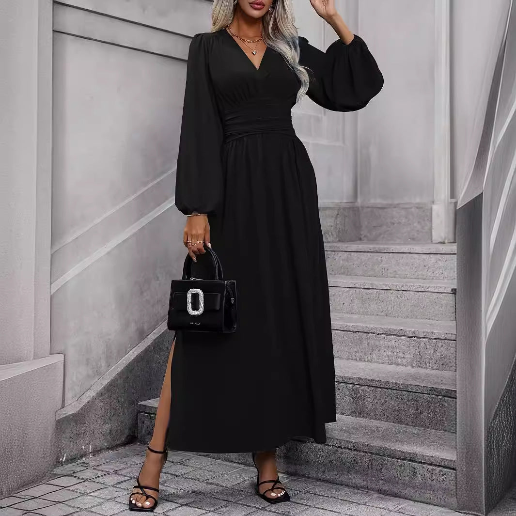Damen elegantes Maxikleid mit tiefem V-Ausschnitt und puffärmeln Sovae