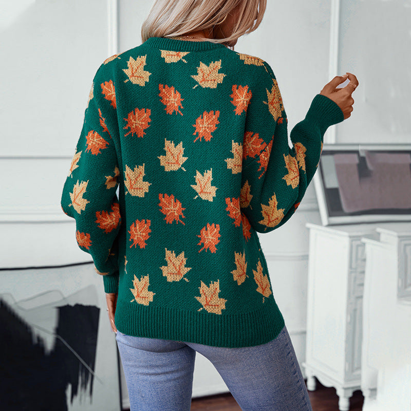 Damen Strickpullover mit strukturiertem Blättermotiv und Rundhalsausschnitt Sovae