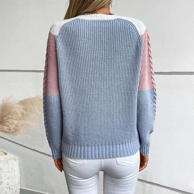 Damen modischer Strickpullover mit geometrischem Muster und Zopfrippen Sovae