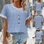 Damen luftiges Karomuster Bluse mit Spitzenkragen Sovae