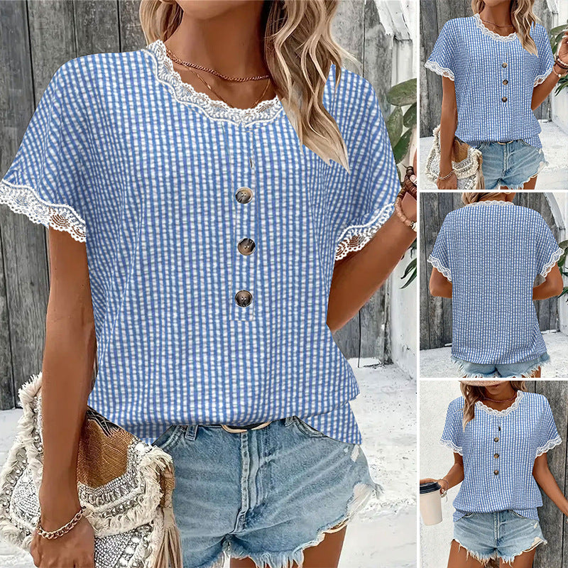 Damen luftiges Karomuster Bluse mit Spitzenkragen Sovae