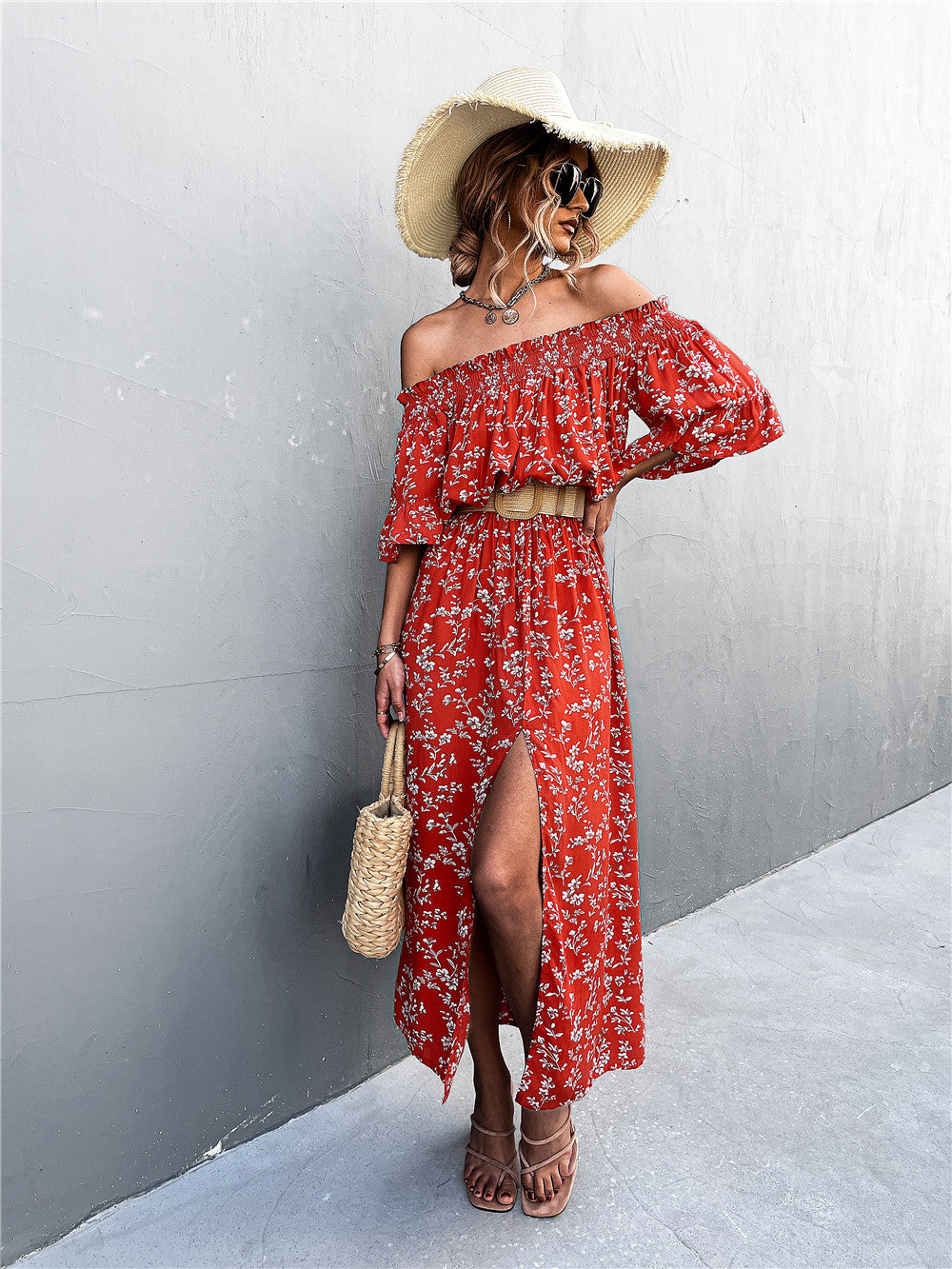 Damen Off-Shoulder Maxikleid mit floralem Print und Rüschendetails Sovae
