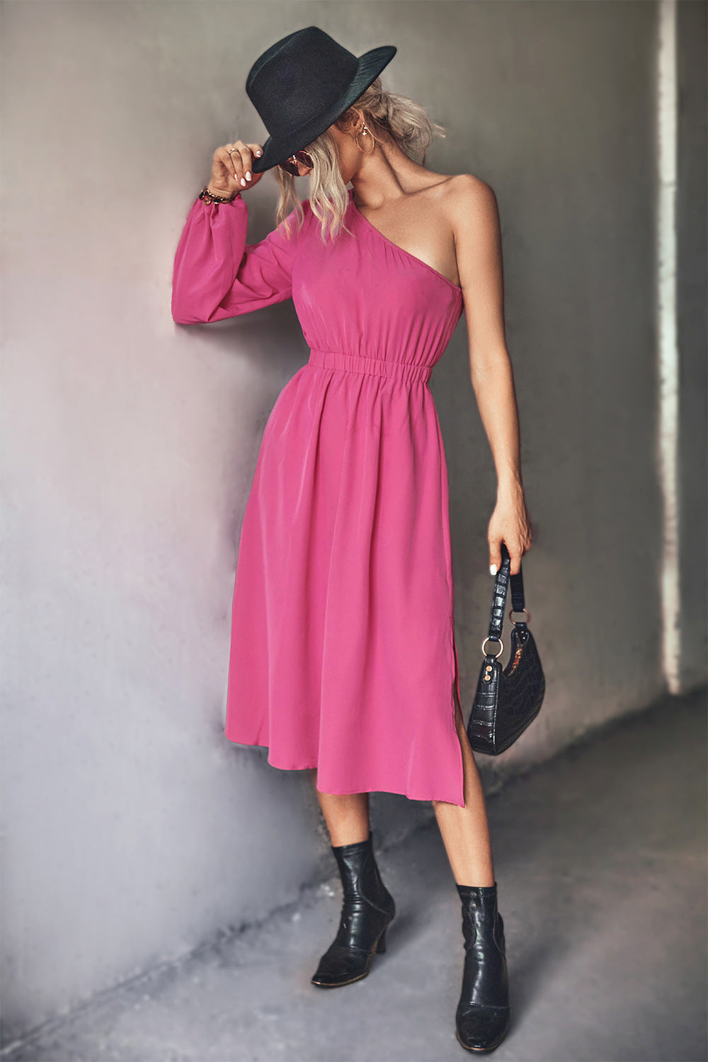 Damen Midikleid mit asymmetrischem One-Shoulder-Design und elastischem Taillengürtel Sovae