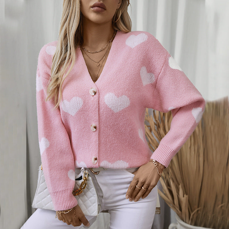 Damen modische Strickjacke mit Herzmotiven und Knöpfen Sovae