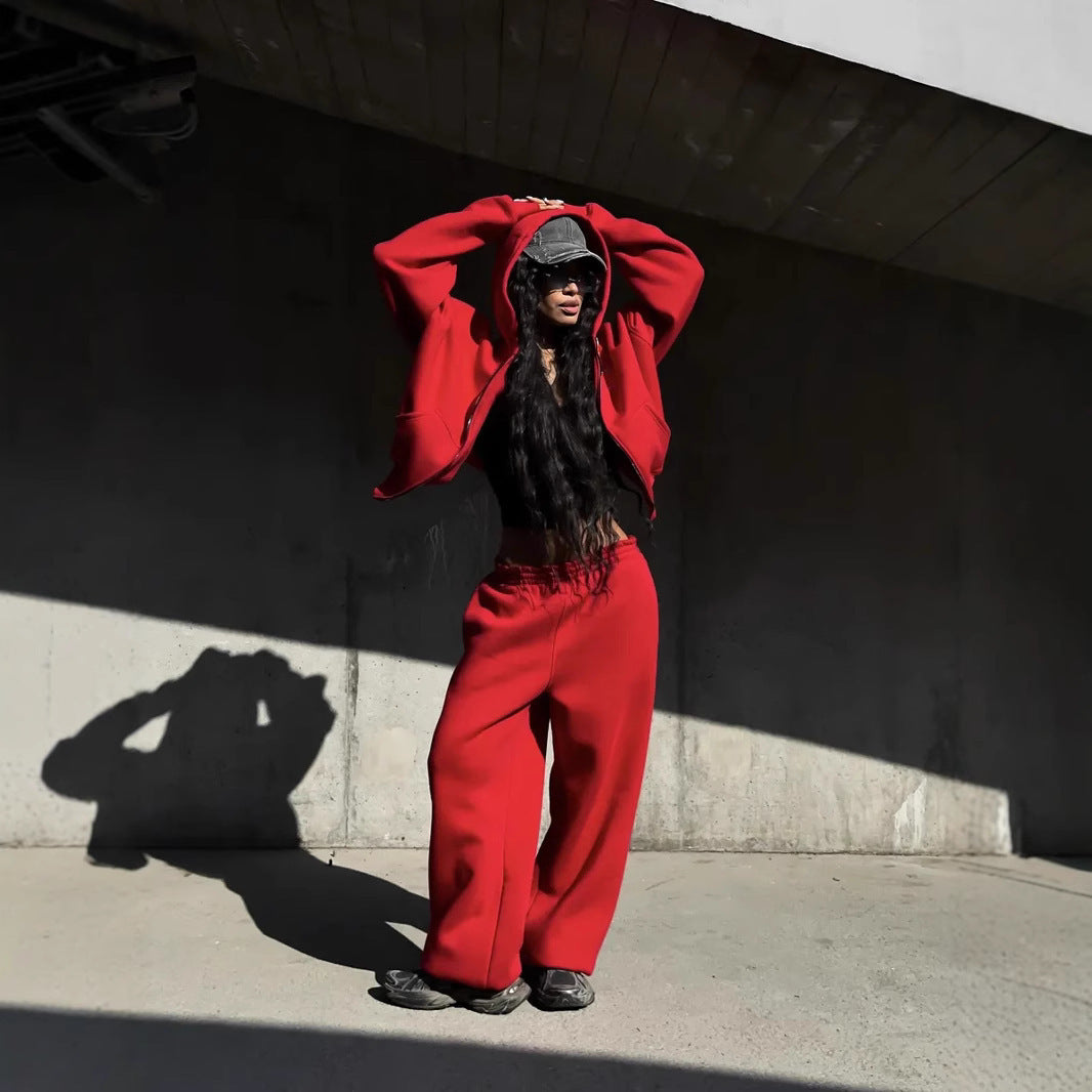 Damen stylischer Freizeit-Hoodie mit durchgehendem Reißverschluss und bequemen Jogginghosen Sovae