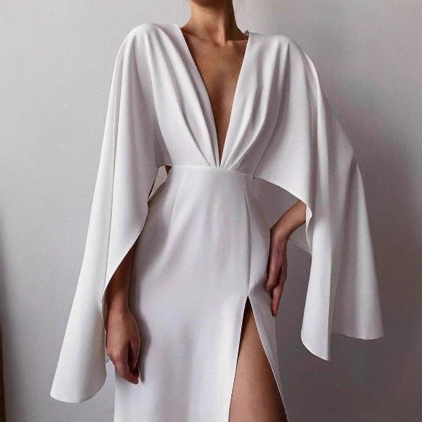 Damen Elegantes Maxikleid mit tiefem V-Ausschnitt und ästhetischen Flügelärmeln Sovae
