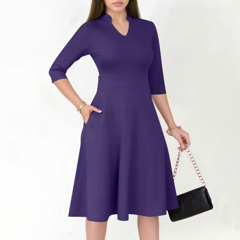 Damen A-Linien Kleid mit 3/4 Ärmeln und seitlichen Taschen Sovae