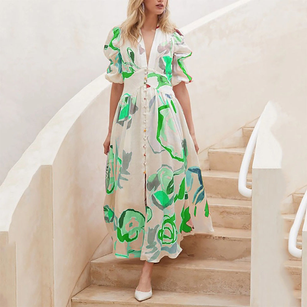 Damen Maxikleid mit voluminösen Ärmeln und floralem Muster Sovae