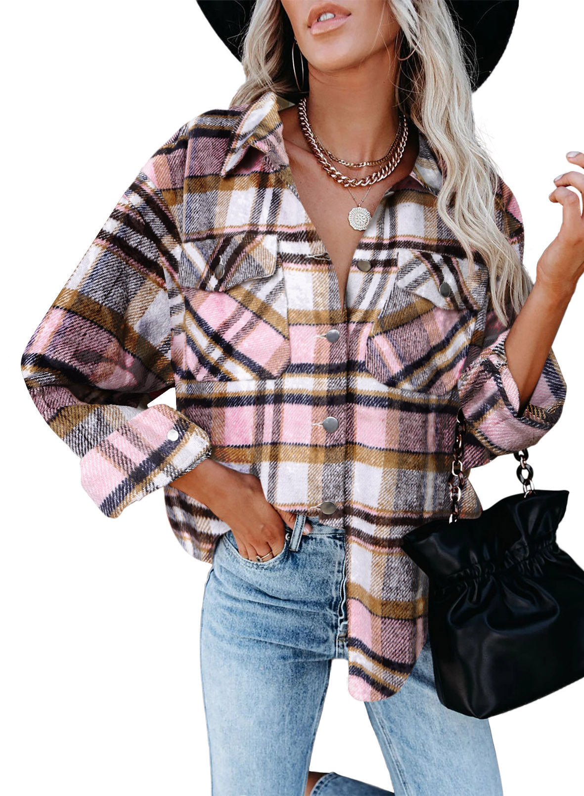 Damen Karo-Hemdenjacke im Oversized-Stil mit Druckknopfverschluss Sovae