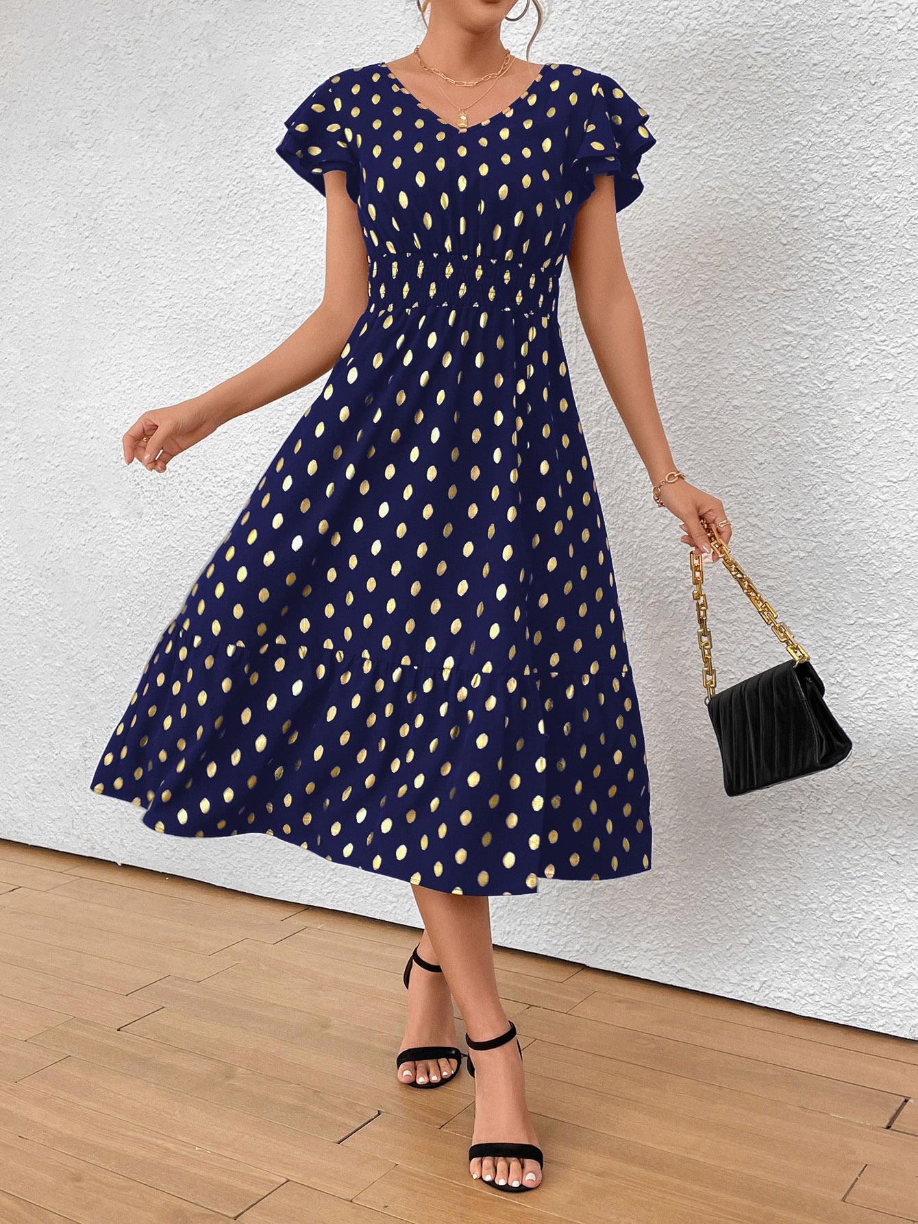Damen Midikleid mit Rüschendetails und goldenen Punkten Sovae