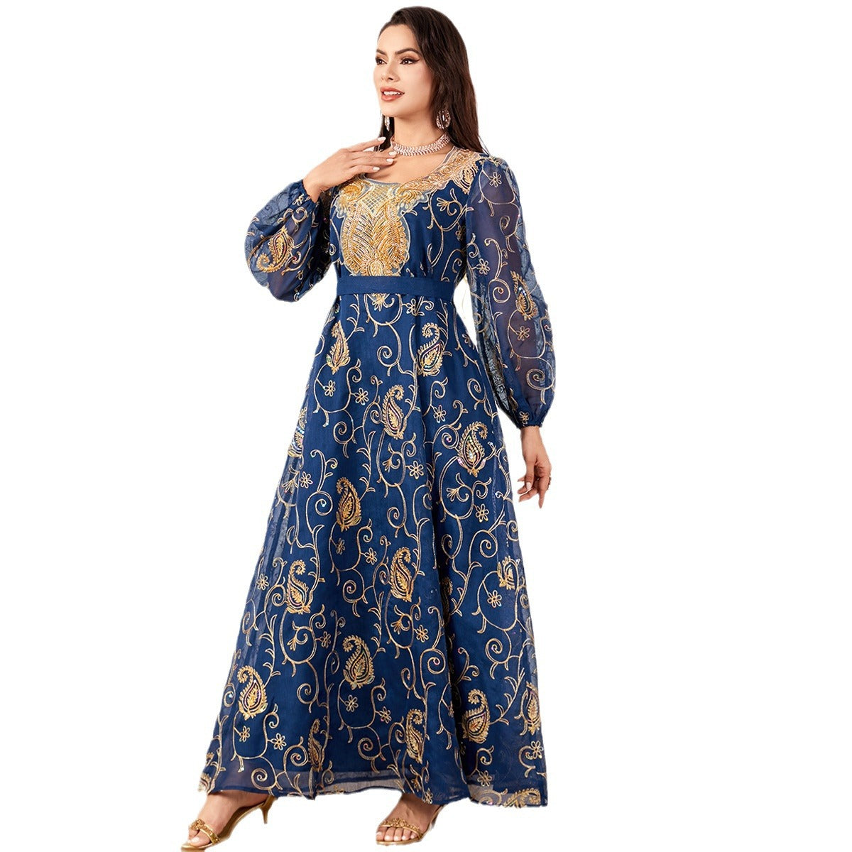 Damen Besticktes Maxikleid mit transparenten Ärmeln Sovae