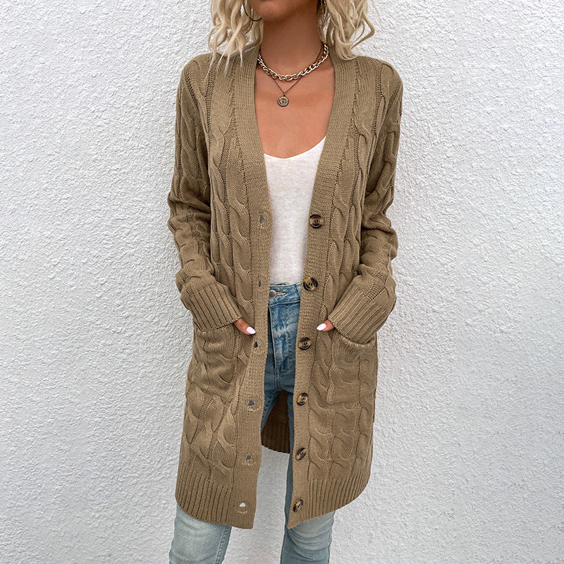 Damen Strickjacke mit tiefem V-Ausschnitt und elegantem Zopfmuster Sovae