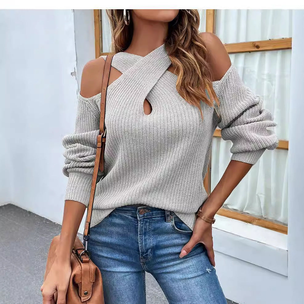 Damen Strickpullover mit asymmetrischem Ausschnitt und offenen Schultern Sovae