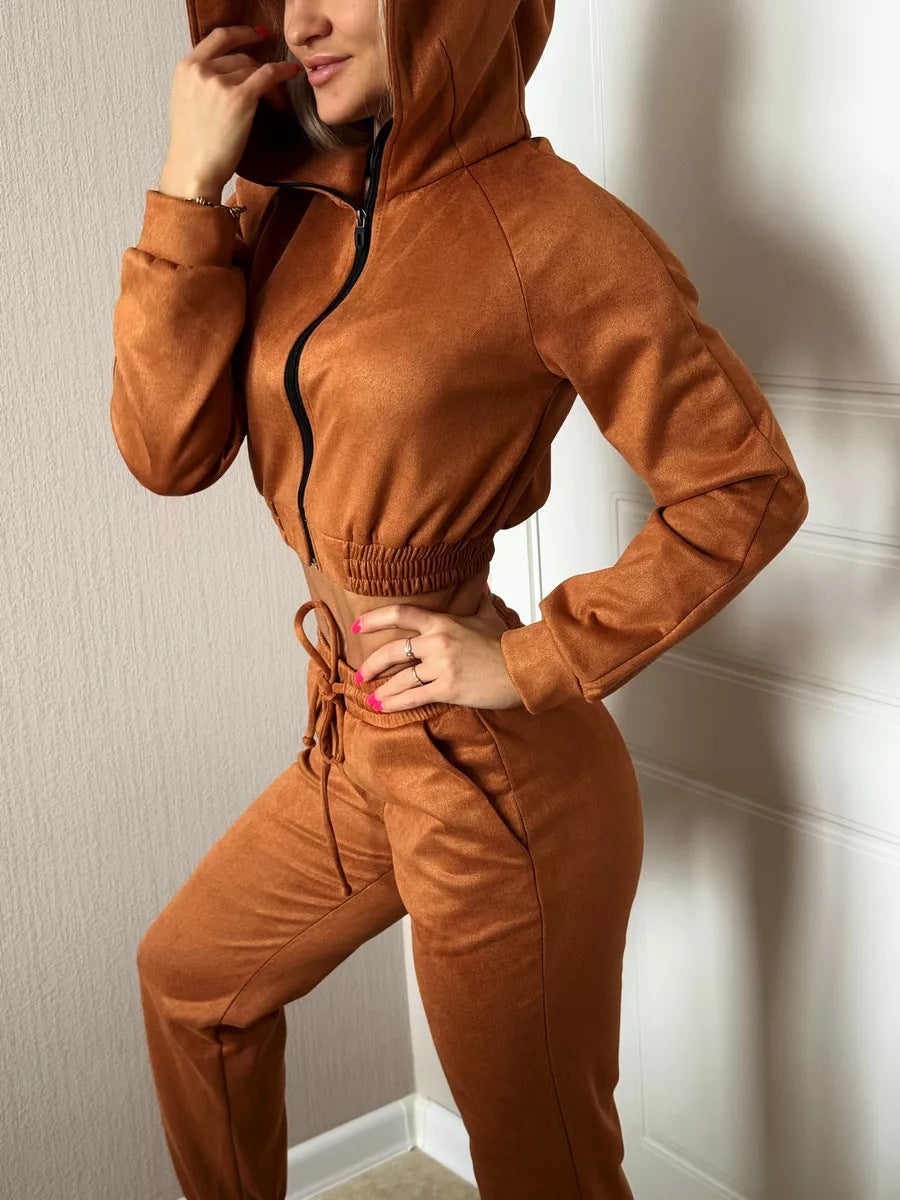 Damen Sportliches Fleece-Cropped-Set mit Kapuze und elastischem Bund Sovae