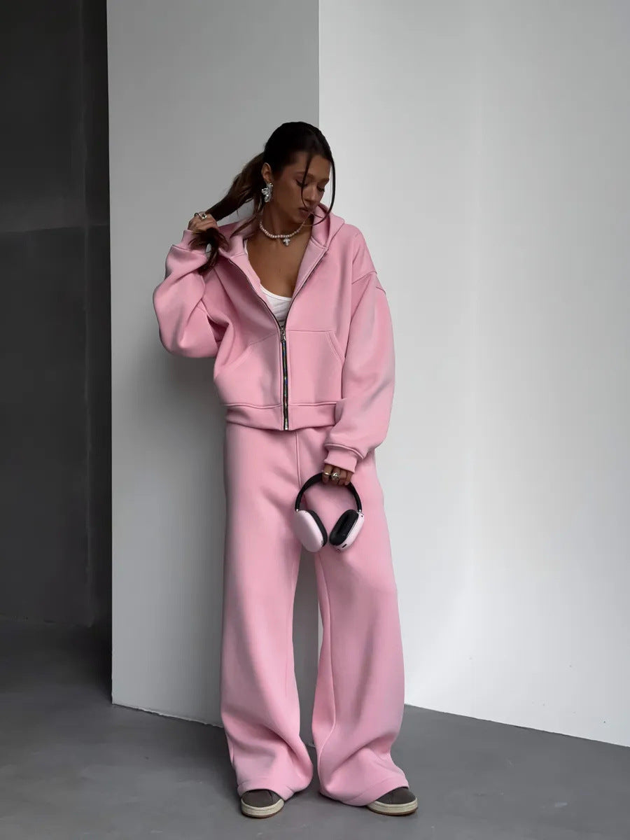 Damen stylischer Freizeit-Hoodie mit durchgehendem Reißverschluss und bequemen Jogginghosen Sovae