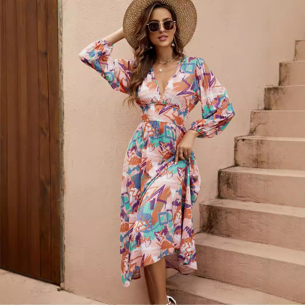 Damen Maxi-Kleid mit tiefem V-Ausschnitt und eleganten langen Ärmeln Sovae