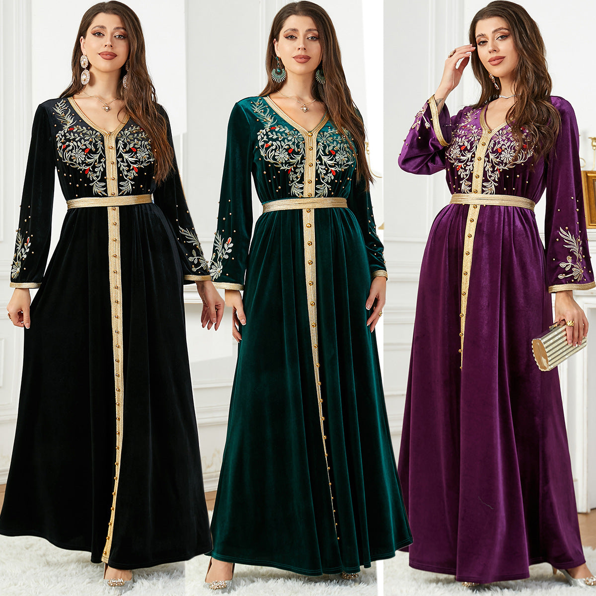 Damen Luxuriöses Samt-Kleid mit kunstvoller Bestickung Sovae