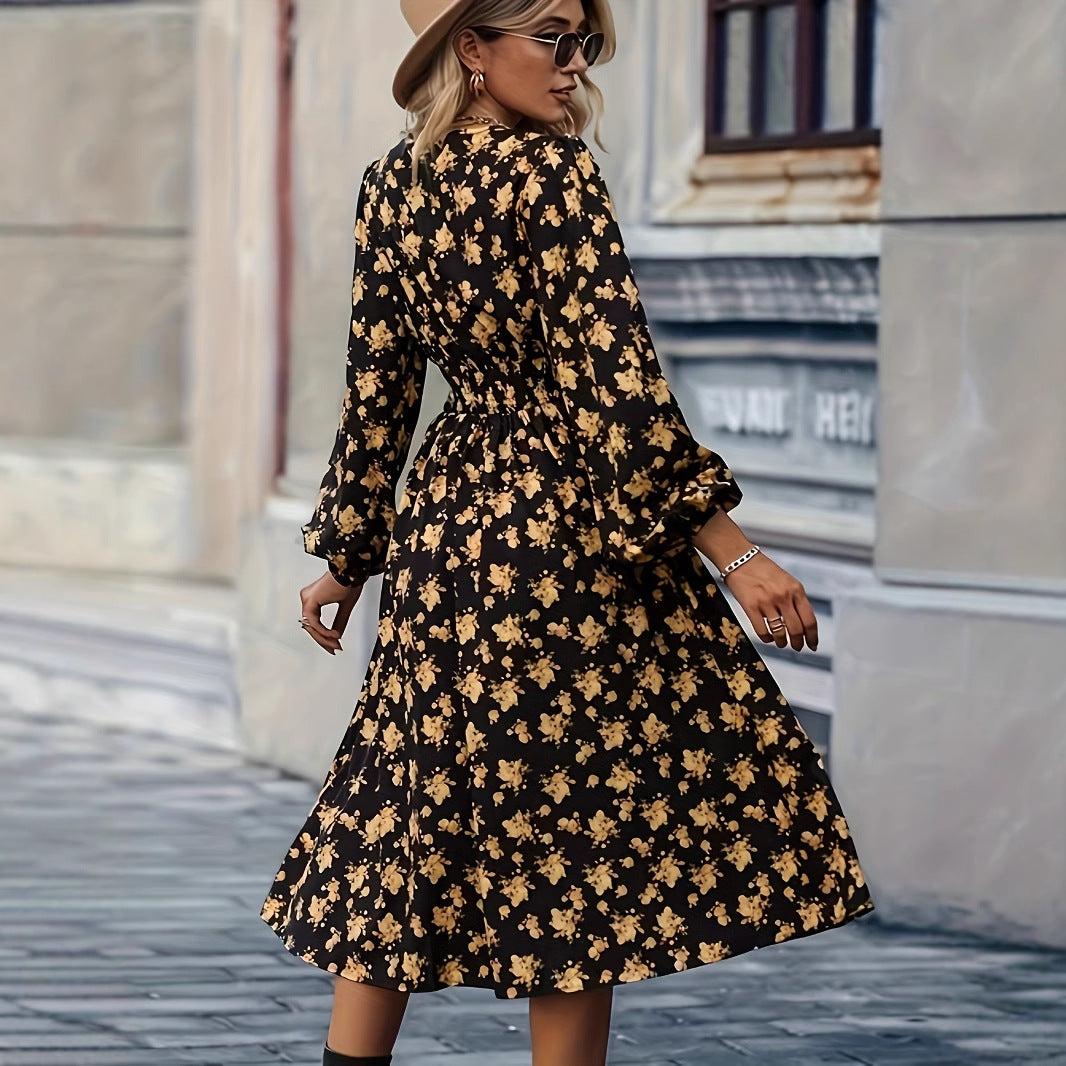 Damen Midikleid mit V-Ausschnitt und blumigem Design Sovae