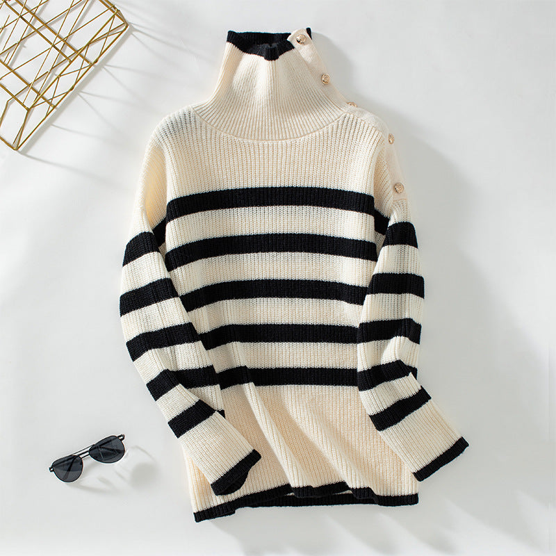 Damen Rollkragenpullover mit Knopfdetails und Streifendesign Sovae