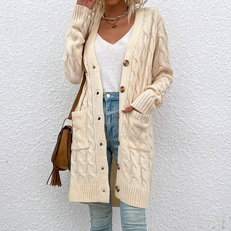 Damen Strickjacke mit tiefem V-Ausschnitt und elegantem Zopfmuster Sovae