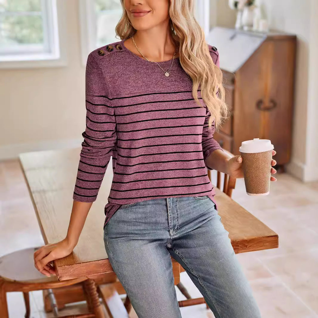 Damen modisches Langarmshirt mit Streifenmuster und dekorativen Knöpfen Sovae