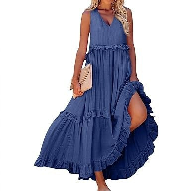 Damen Maxikleid mit Rüschen und V-Ausschnitt Sovae